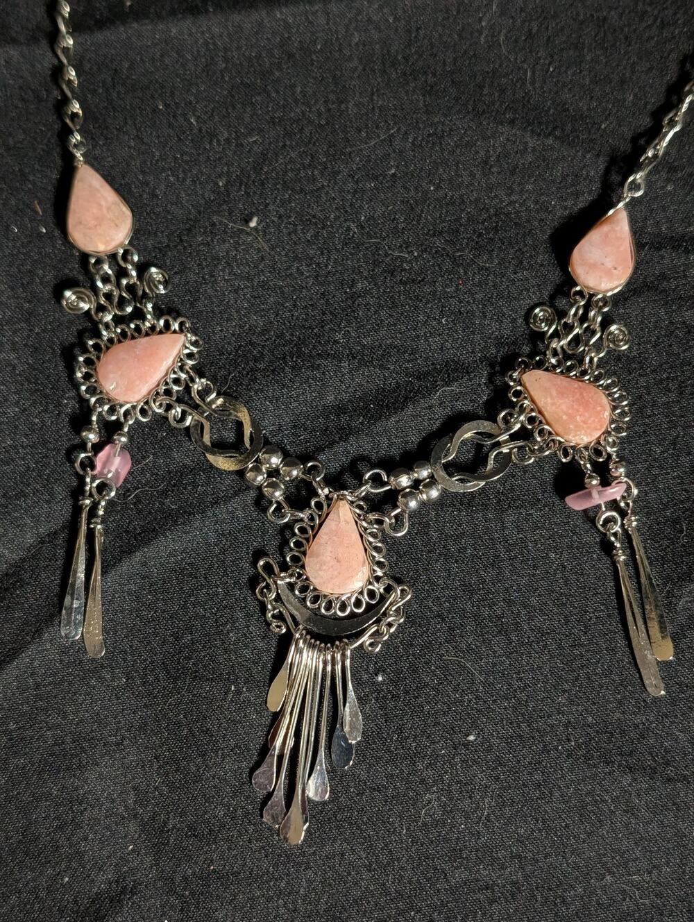 Bohemian Pink Opal Stone Necklace Silver Fringe Western Festival Coquette Y2K